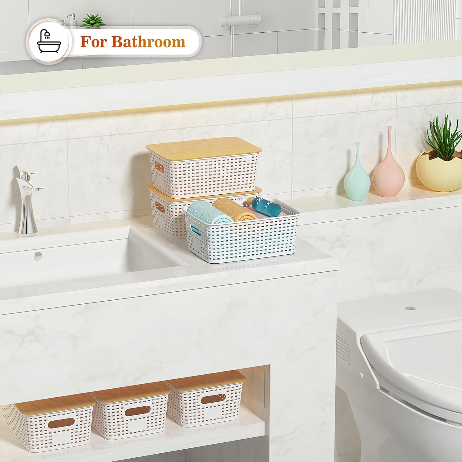 HBlife Plastic Storage Baskets With Bamboo Lids, 6 Pack Storage Containers Stackable Storage bins, Storage Baskets for Organizing Shelves Drawers Desktop Closet Playroom Classroom Office, White