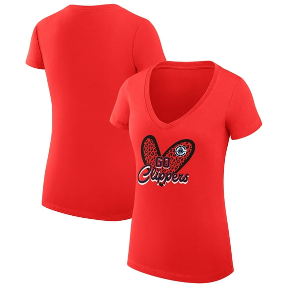 Women's G-III 4Her by Carl Banks  Red LA Clippers Super-Slim Fit Lightweight Leopard Heart V-Neck T-Shirt