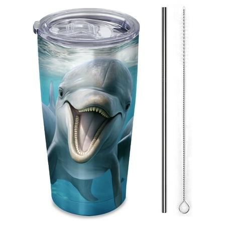 

dolphins swimming displaying teeth and appearing to laugh Insulated 20 oz Stainless Steel Travel Tumbler Reusable Straw & Brush Hot & Cold Drinkware for Car Office Outdoor