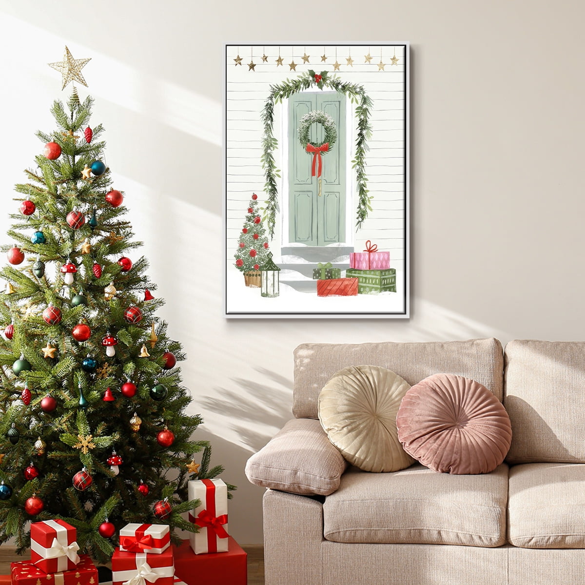 Festive Front Door I - Framed Gallery Wrapped Holiday Canvas - 25 x 37 - White Frame