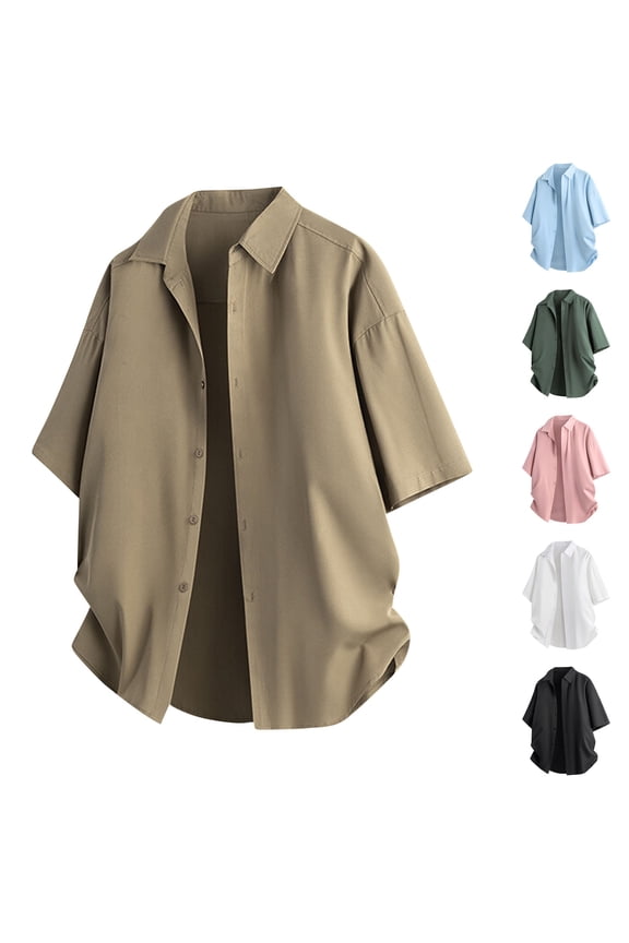Summer T-Shirts for Men Work Short Sleeve Button Casual Plain Dress Shirts Lightweight Crew Neck Collared Mens Shirts