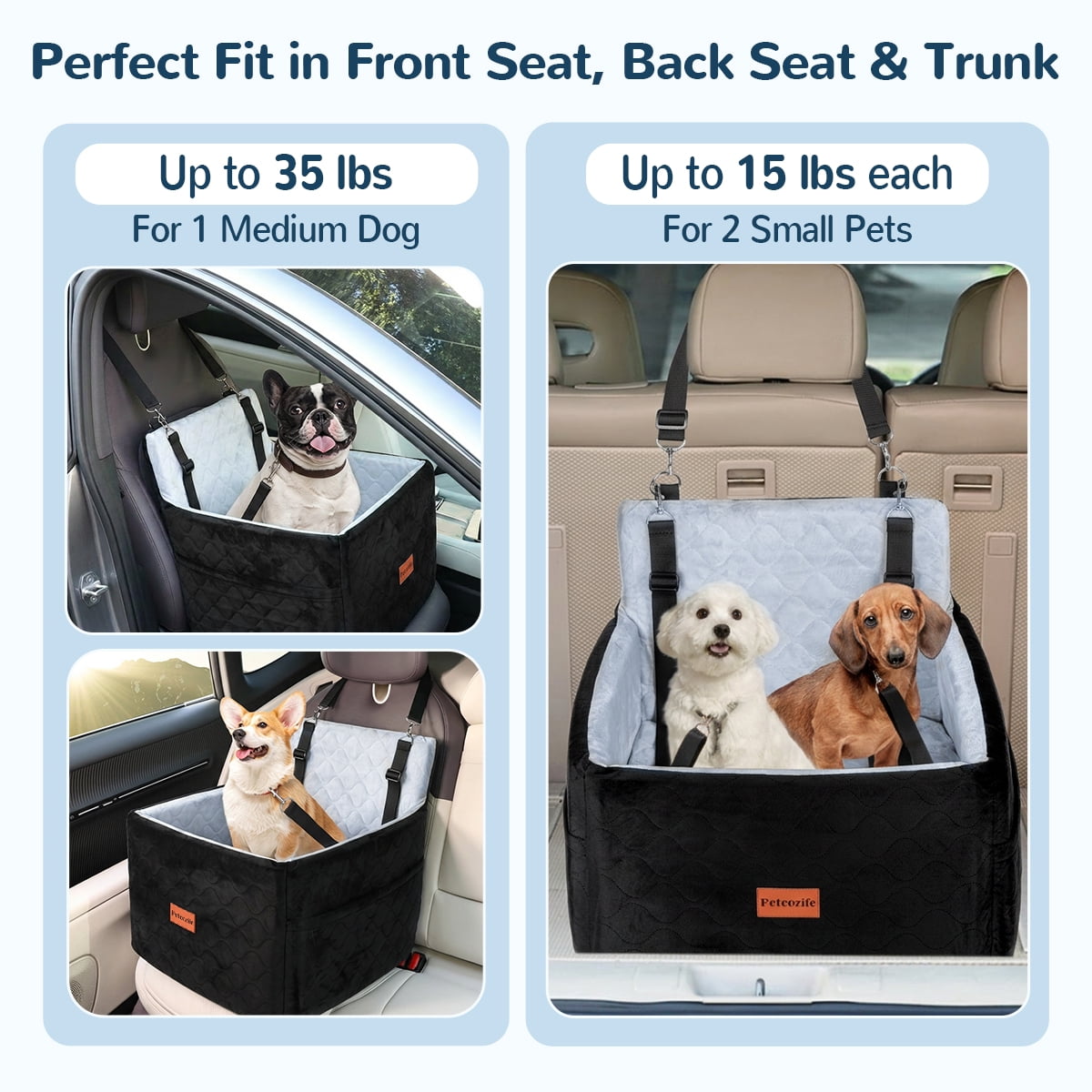 Dog Booster Car Seat for Small/Medium Dogs Up to 35lbs, DOMIPET Pet Car Travel Bed with Storage Pockets & Safety Belt, Elevated Cushion Fully Detachable and Washable