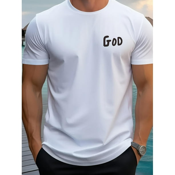 Men's Inspirational 100% Cotton Crew Neck T-Shirt with GOD Lettering - Casual Fit, Short Sleeve, Slight Stretch, Knit Fabric, Summer Tee with Digital Heat Transfer Print Tee For Adult, Men,
