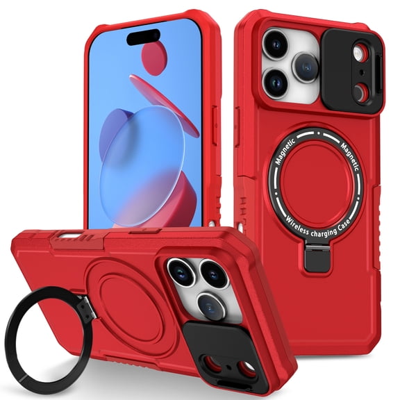 Decase for iPhone 17 Pro 2025 Case,Compatible with Mag-Safe,Shockproof Magnetic Case with Ring Kickstand, Heavy Duty Case Bulit in Camera Slide Cover,Red