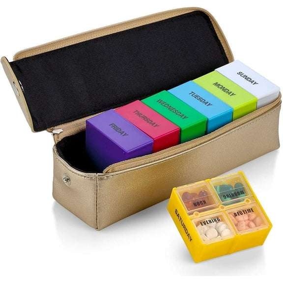 MEDca Weekly Pill Organizer - 7 Day Storage, with Gold Leather Case