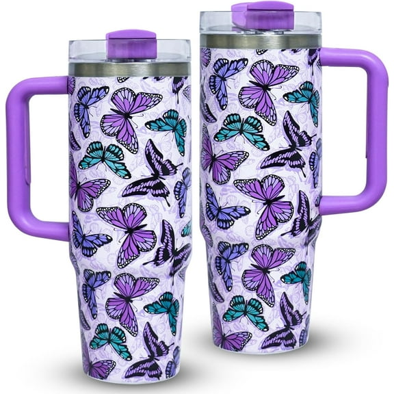 30oz Butterfly Tumbler With Handle Lid and Straw- Purple Butterfly Stainless Steel Insulated Tumblers Travel Mug Coffee Cup-Gifts for Women Girls