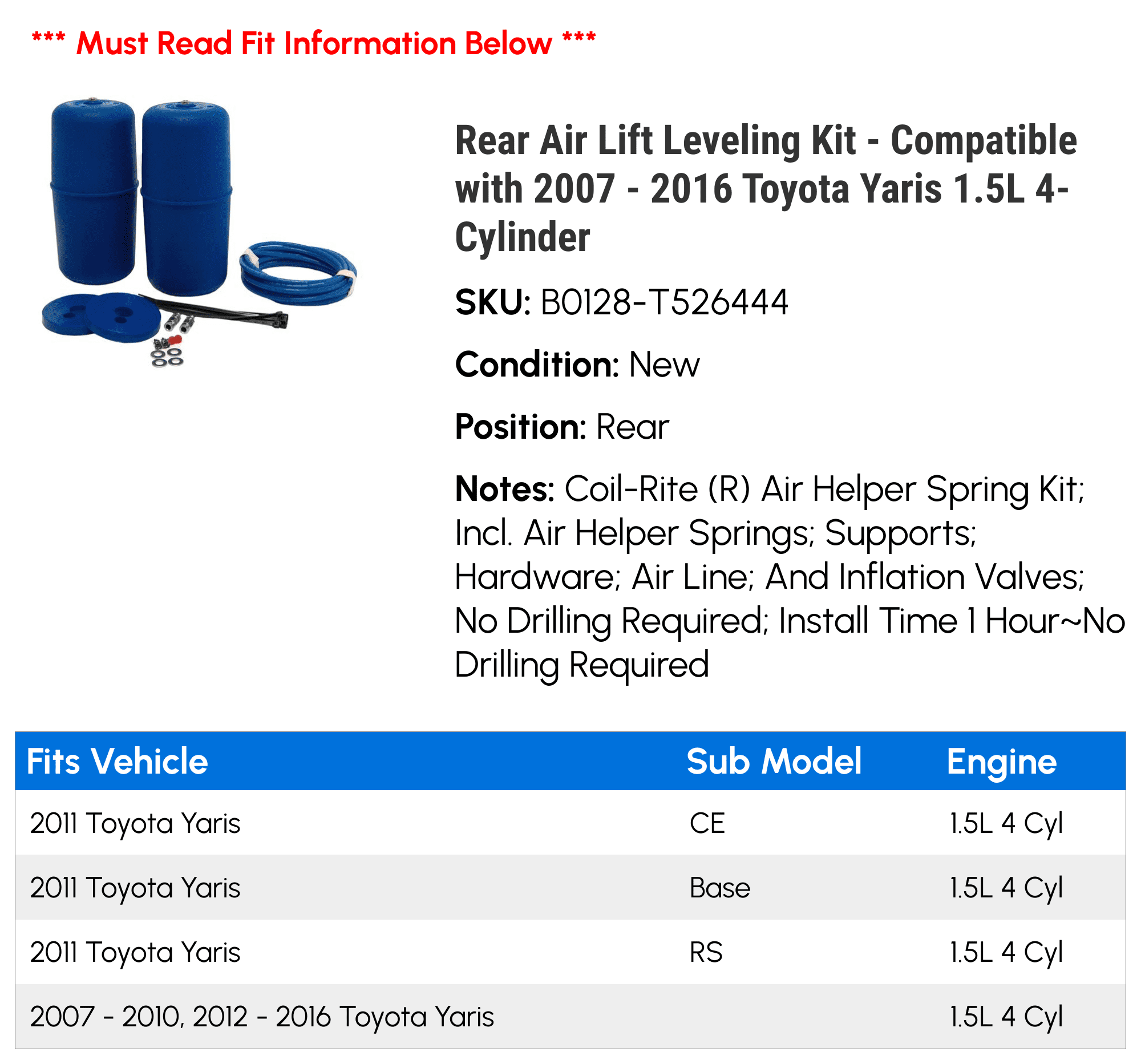 Rear Air Lift Leveling Kit - Compatible with 2007 - 2016 Toyota Yaris 1.5L 4-Cylinder 2008 2009 2010 2011 2012 2013 2014 2015