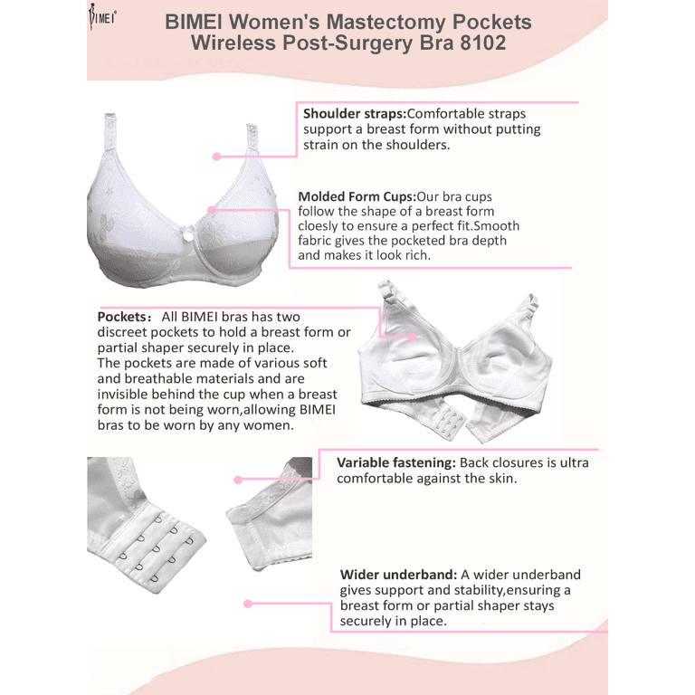 BIMEI Mastectomy Bra with Pockets for Breast Prosthesis Women's Full  Coverage Wirefree Everyday Bra plus size 8102,White,36D