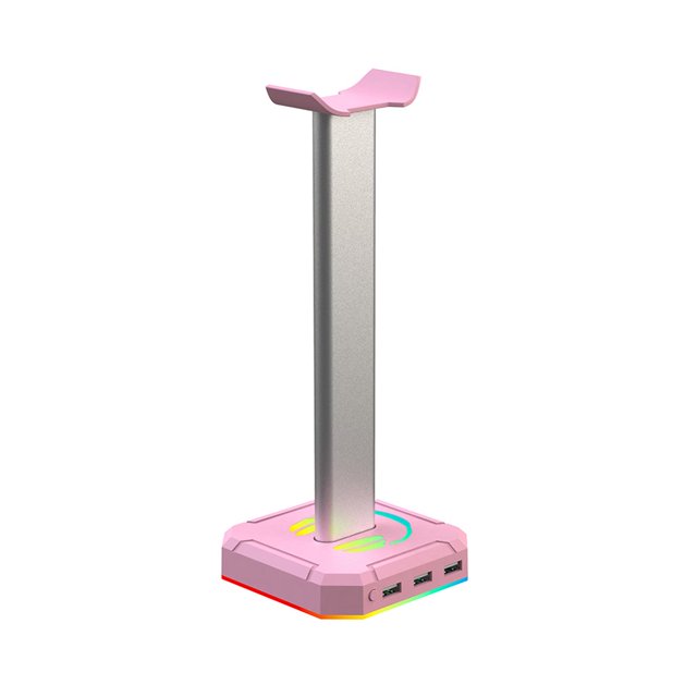 RGB Headset Stand with 3 USB 2.0 Ports Gaming PC Headphone Holder (Pink)