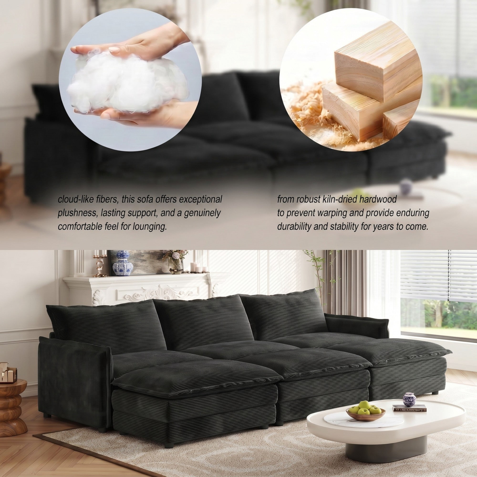 Sailvan 3-Seater Corduroy Sofa with 3 Ottomans, Oversized Deep Seat Cloud Couch for Living Room Black