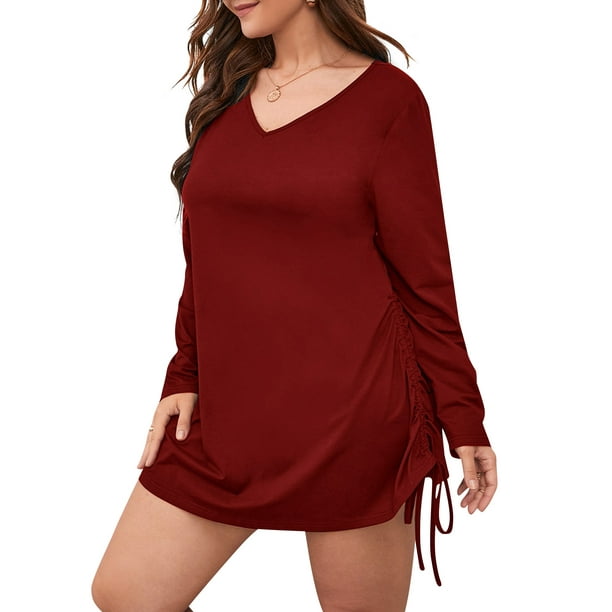 Vestido, Vestido de manga larga para mujer con cordón con cuello en V y minivestido de talla grande Abody borgoña/4X-grande