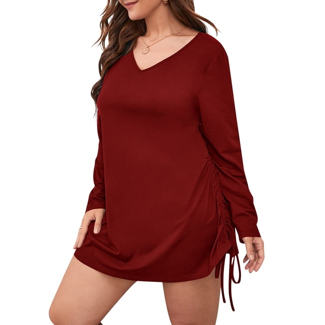 Vestido de mujer de manga larga con cordón y escote en V en talla grande