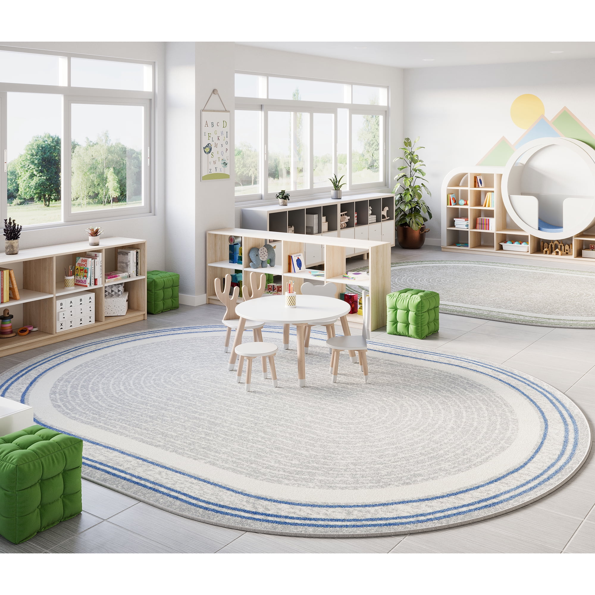Joy Carpets Kid Essentials Cozy Corner 7'8" x 10'9" Oval Indoor Area Rug in Color Light Blue