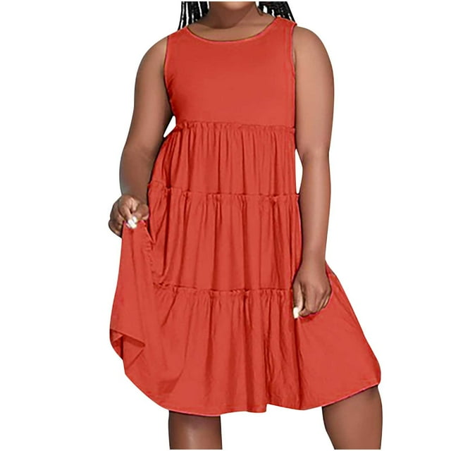 Robes Maxi pour Femmes 2023 Mode Décontractée d'Été pour Femmes Couleur Unie Col Rond Sans Manches Plissé Pièce Mi-Longue Robe de Soirée Élégante Élégante en Liquidation