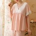 thumbnail image 4 of Defitshape Women's Cute Cotton Pajama Set Summer 2 Piece Scalloped V Neck Lace Sleeping Shirt Capri Pants Set Frilly Hem Soft Lightweight Comfy Sleepwear Pink Medium, 4 of 4