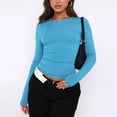 thumbnail image 5 of Manxivoo Womens Tops WomenâS Long Sleeve Round Neck Crop Top Tee Shirt Basic Solid Tight Slim Fit Cropped Shirt Workout Yoga Long Sleeve Shirts for Women Blue, 5 of 6