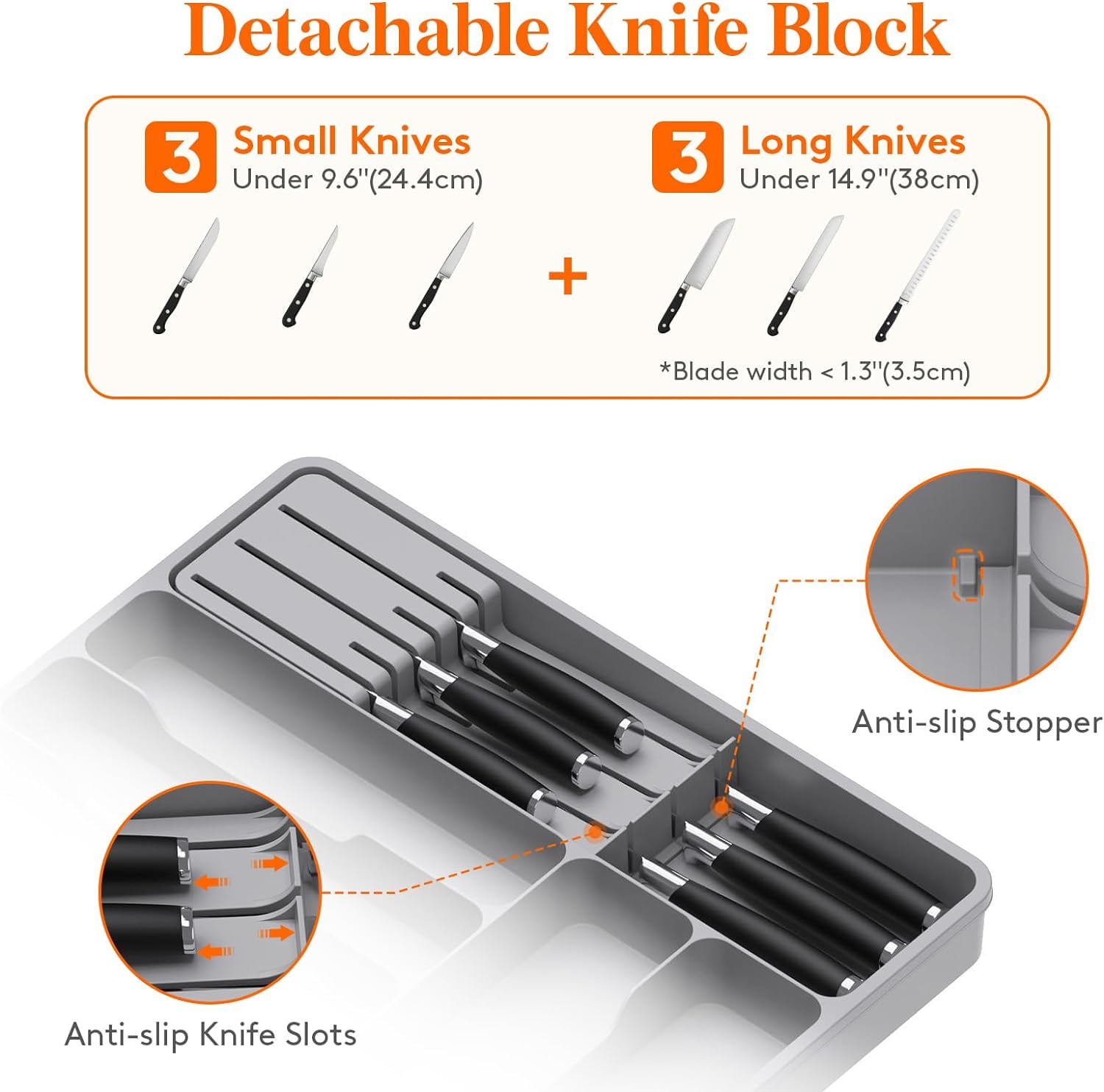 Lifewit Silverware Organizer for Kitchen Drawers, Expandable Utensil Tray with Removable Knife Block, Adjustable Cutlery and Flatware Holder, Plastic Spoon Forks Holder Storage Divider, Large, Gray