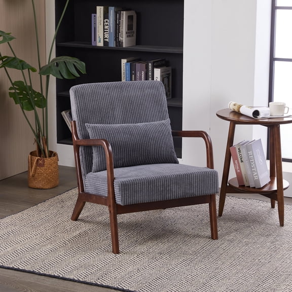 Dtwnek Mid-Century Modern Accent Chair with Pillow, Upholstered Arm Chair Reading Chair for Living Room, Bedroom, Office, Gray