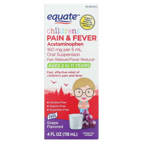Equate Children's Pain & Fever Acetaminophen Oral Suspension, 160 mg, Grape Flavor, Ages 2 to 11 Years, 4 fl oz, Compare to Children's TylenolÂ® Oral Suspension Active Ingredient