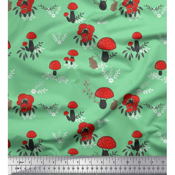Soimoi Green Cotton Voile Fabric Rabbit & Mushroom Clip Art Printed Fabric 1 Yard 42 Inch Wide