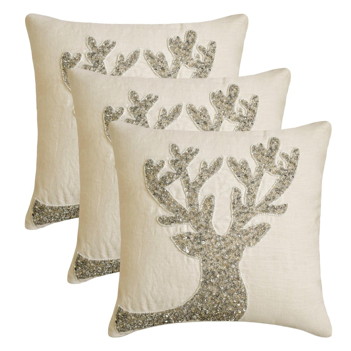 Holiday Decorative Throw Pillow cover, 16"x16" White & Silver Linen Pillowcase, Modern Reindeer Head Christmas Pillow Cover For Sofa Couch, Hotels, living Room, Bed Room - Dazzling Deer