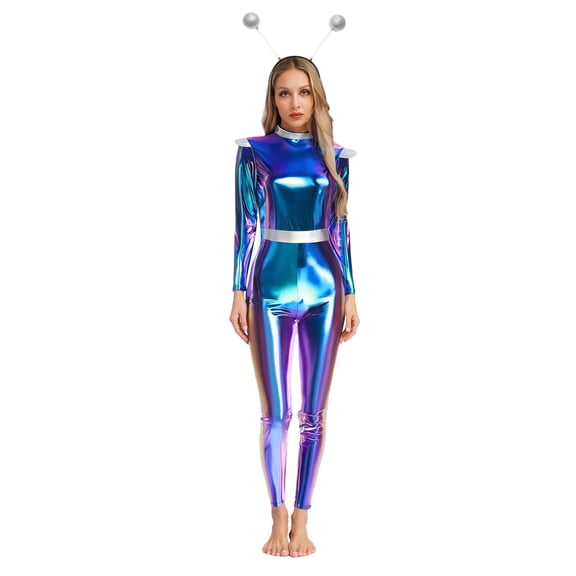 TiaoBug Women Long Sleeve Metallic Jumpsuit with Alien Antenna Headwear Robot Outfits for Space Themed Party Blue XL