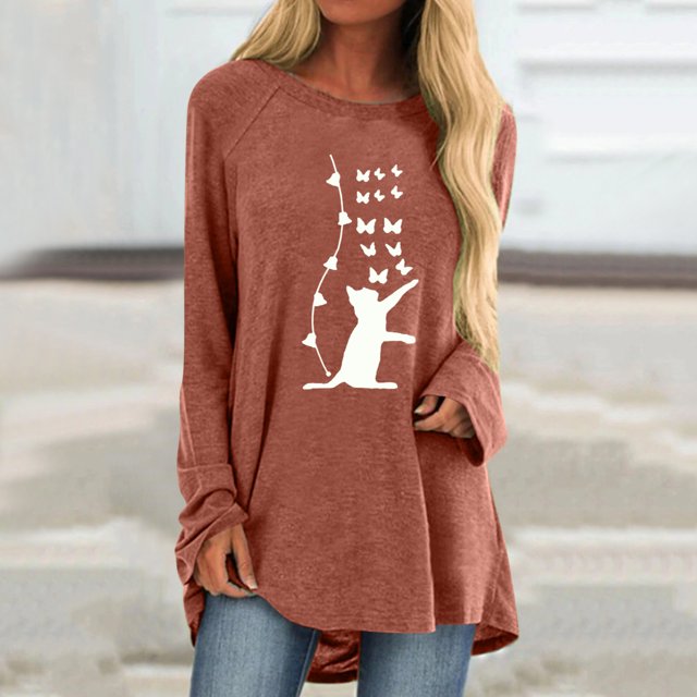 Hauts d'Été pour Femmes Mode Dames Décontracté Ample Col Rond T-Shirt à Manches Longues Imprimé Chat Haut Femmes Chemises en Liquidation