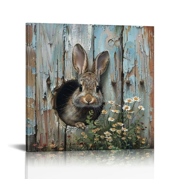 Charming Easter Bunny &  Floral Canvas Wall Art - Pine Wood Framed, Artwork Wall Art Decor for Bedroom, Living Room, Home Office, Bathroom - Thoughtful Gift, Ready to Hang, Bunny Accessories