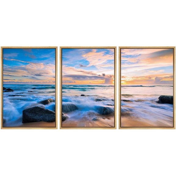 wall26 Framed Canvas Print Wall Art Set Tropical Beach Wave Rocky Shore Sunset Nature Wilderness Photography Realism Rustic Landscape Colorful for Living Room, Bedroom, Office - 24"x36"x3 N