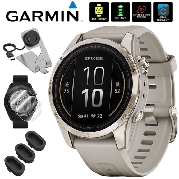 Garmin Epix Pro (Gen 2), 42mm, Sapphire, Soft Gold Steel, Light Sand 010-02802-10 Bundle with Deco Essentials Charging Dock, 3 Pack Silicone Dust Cover and 2-Pack Screen Protector