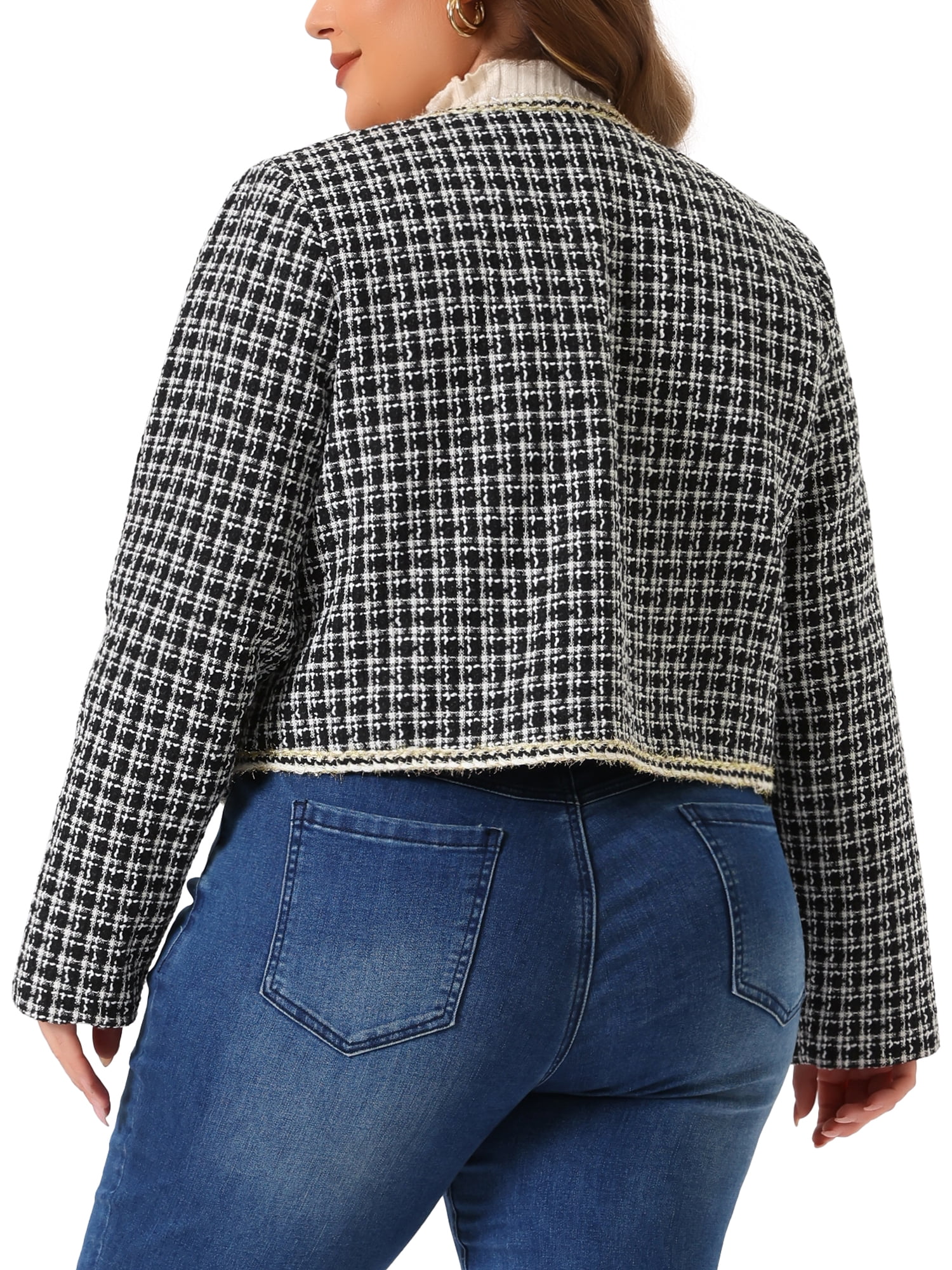 DARING DIVA Plus Size Plaid Tweed Blazer Collarless Open Front Jacket 3X Black