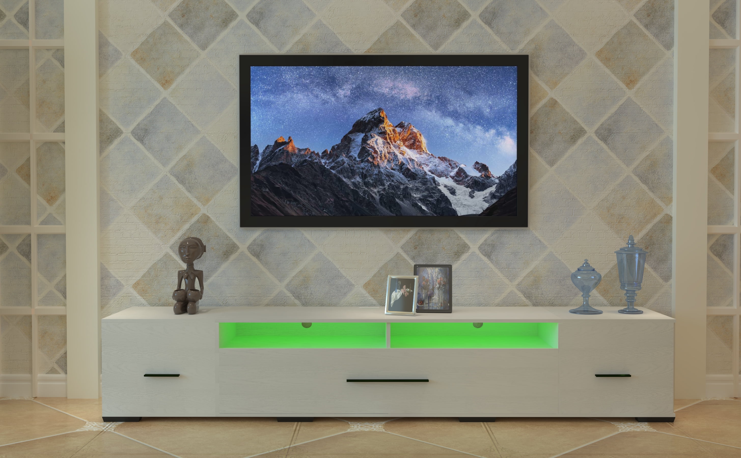 LED TV Stand for 55-80 Inch TV, Modern Entertainment Center Equipped with Power Outlet, 60 70 80 Inch Wood Grain Surface TV Console for Homes & Apartments, White