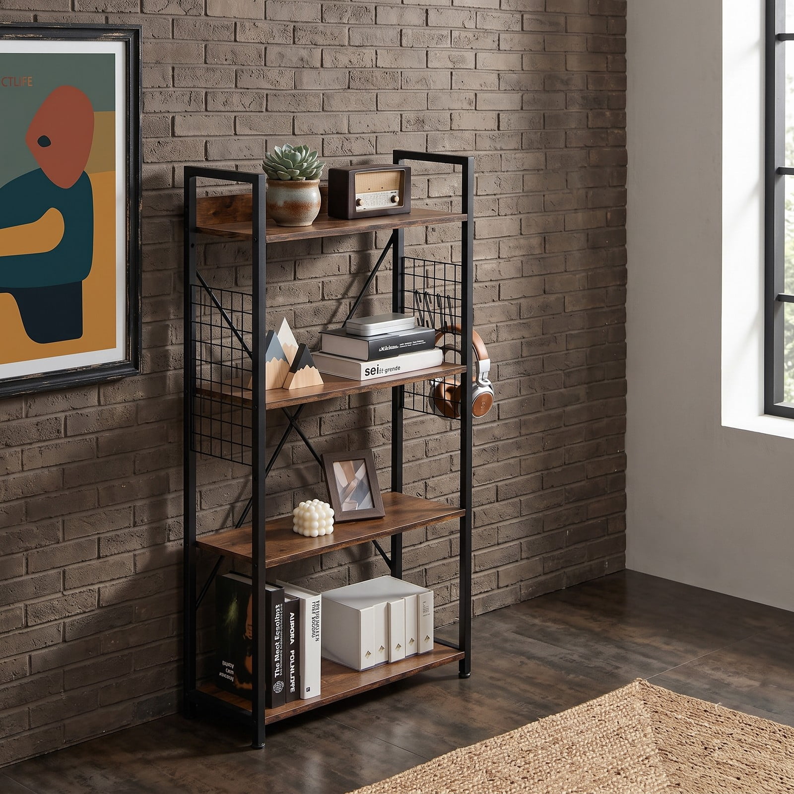 Furnibear 4-Tier Industrial Open Storage Bookshelf, Freestanding Wood Steel Bookcase Display Shelf with S-Hooks & Anti-Toppling Device for Living Room Office, Coffee