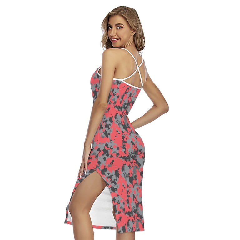 Red And Grey Digital Camo Pattern Printed Cross Back Cami Dress