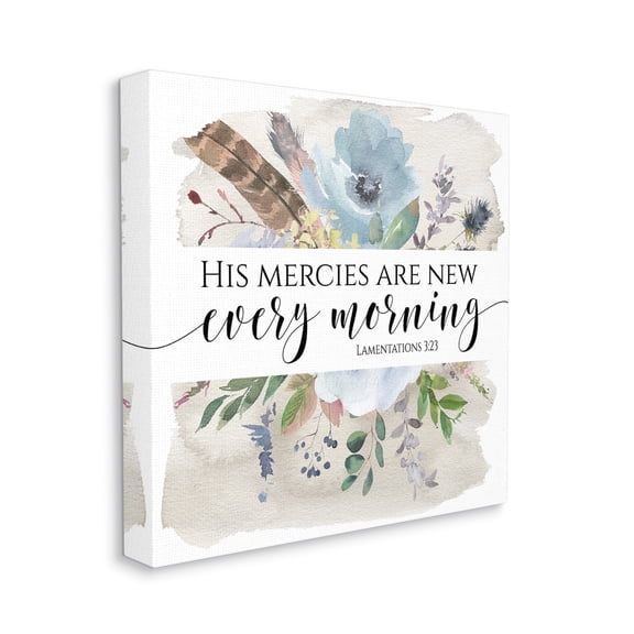 Stupell Industries His Mercies Are New Lamentations 3:23 Blue Florals Religious Painting Gallery Wrapped Canvas Print Wall Art, 30 x 30