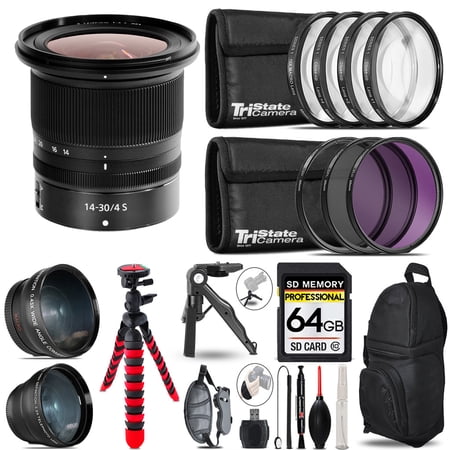 Nikon NIKKOR Z 14-30mm f/4 S Lens- 3 Lens Kit + Tripod + Backpack - 64GB Accessory Bundle