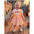 thumbnail image 4 of RUINIXCW Toddler Baby Girl Halloween Dress Infant Baby Girl Summer Fall Dress Clothes Pumpkin Embroidery Collar Puff Short Sleeve Dress with Bow, 4 of 8