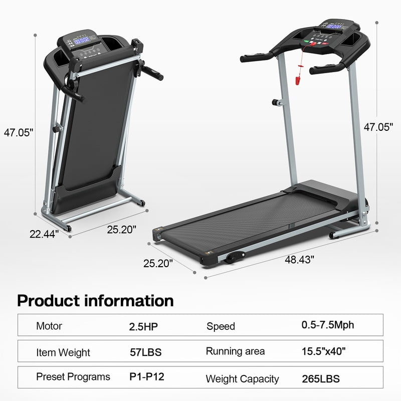 2.5HP Foldable Treadmill with 0.5-7.5MPH Speed Range, 3 Models, Cup Holder, Pad Holder, LED Display, 265 lbs. Max Load