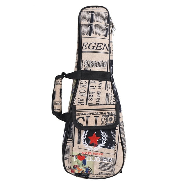 Beige Newspaper Pattern 24-inch Ukulele Case with 6mm Thicken Oxford & PE Foam Padding, Adjustable Backpack Straps, Side Grip Handle, and Accessory Pocket for Music Sheets, Picks, and Straps –
