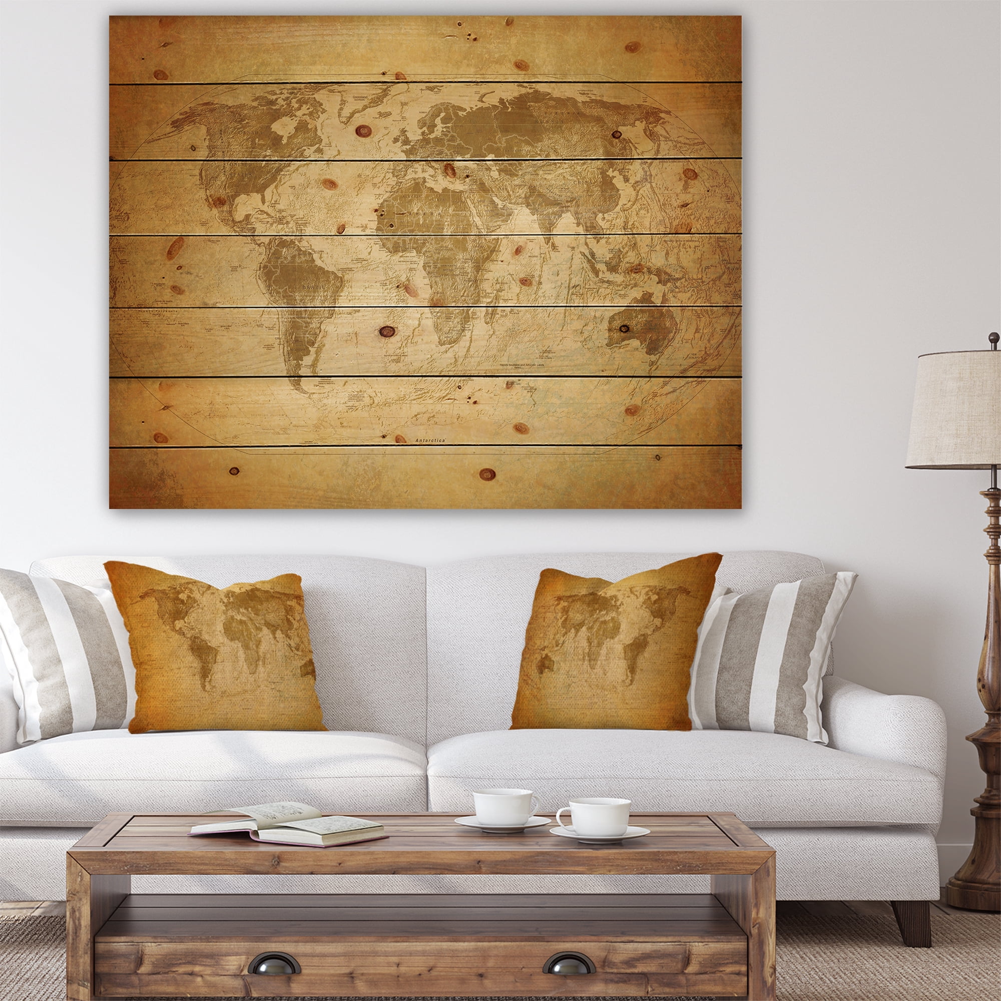 Designart 'Traditional Classic Map' Contemporary Print on Natural Pine Wood
