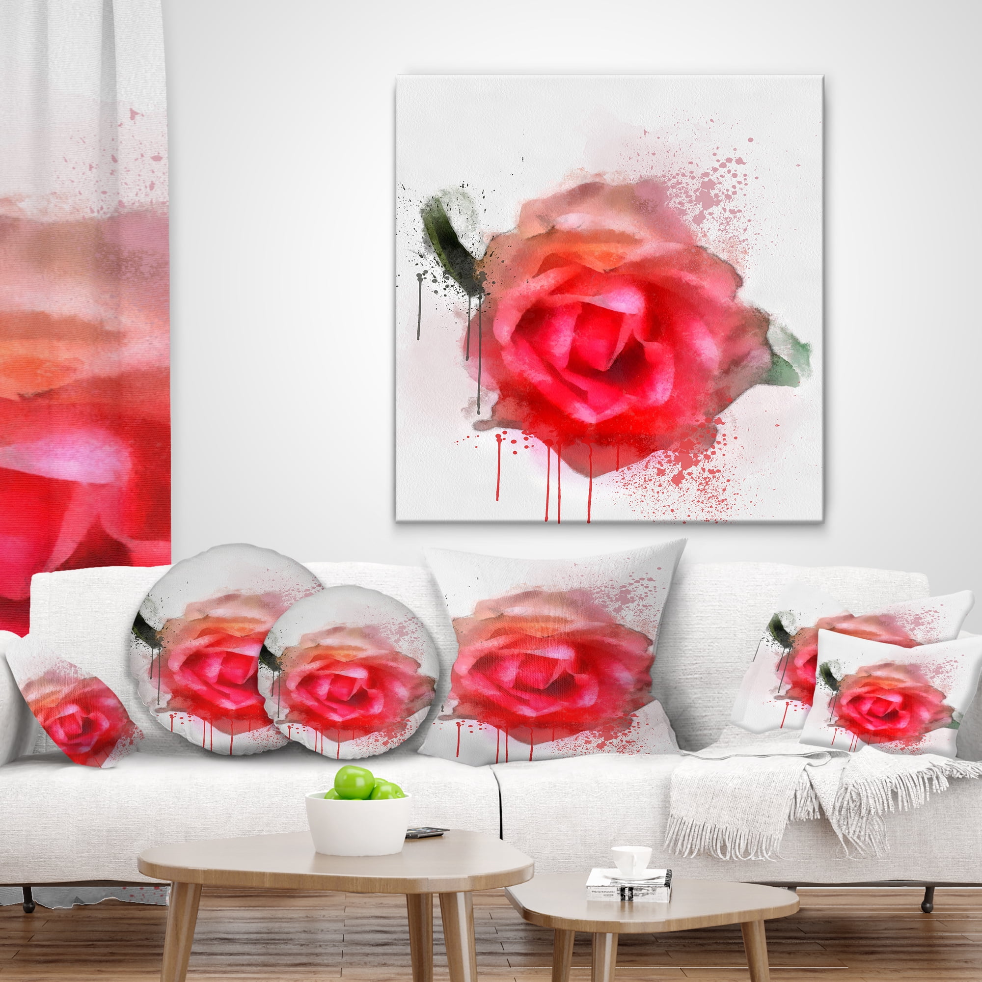Designart Beautiful Red Rose Watercolor - Floral Throw Pillow - 16x16
