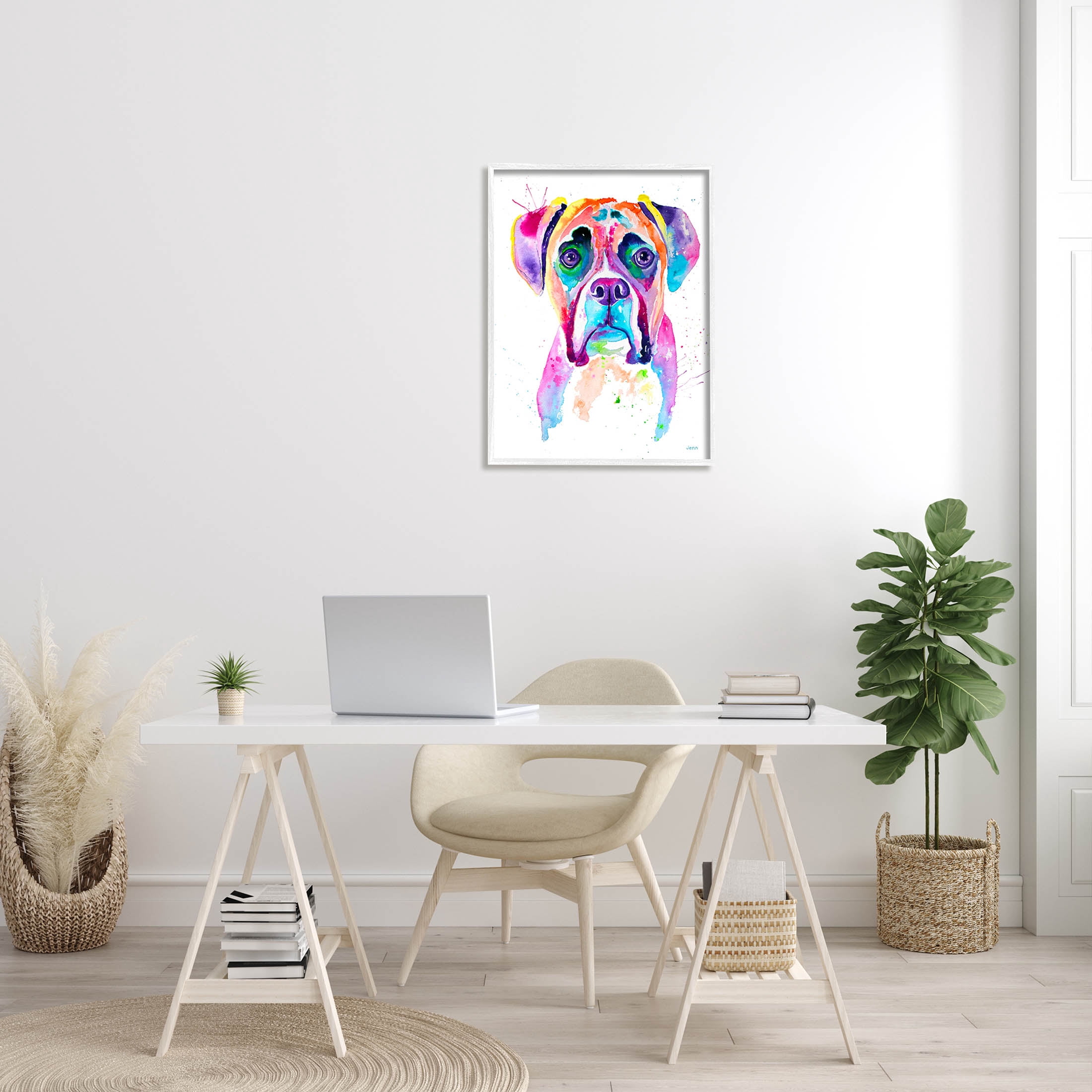 Boxer Dog Vivid Watercolor Style Animals & Insects Graphic Art White Framed Art Print Wall Art