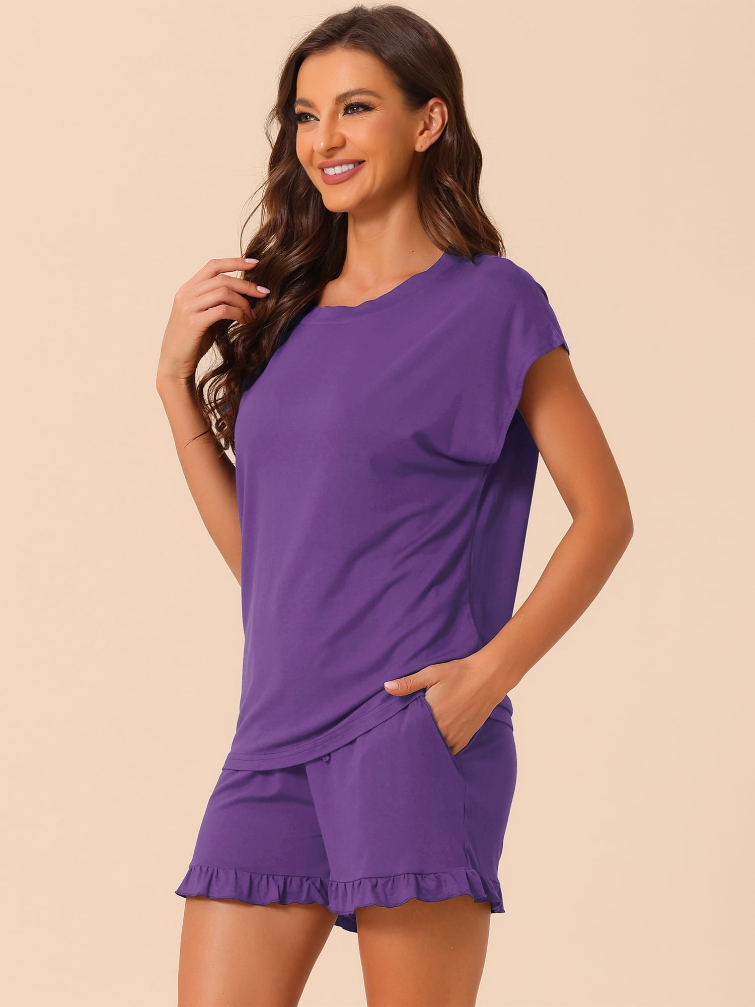 DARING DIVA Women's Lounge Pajamas Short Sleeve Tops with Shorts Pockets L Dark Purple