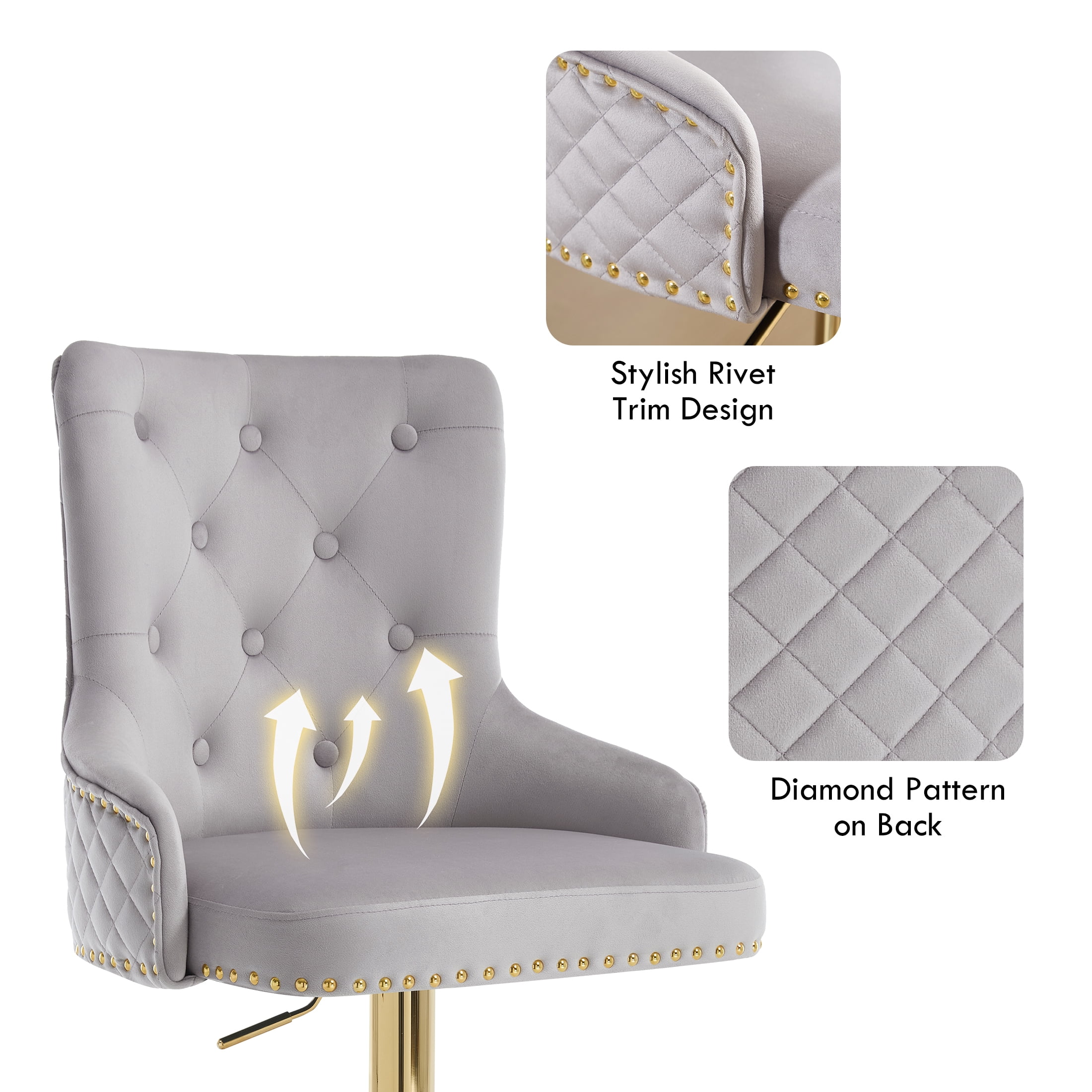 Velvet Gold Bar Stools Set of 2 Modern Counter Height Bar Stools with Lion Pull Ring Tufted High Back, Nailhead Upholstered Barstools for Home Kitchen Island, Swivel Adjustable Stool Chair in Grey