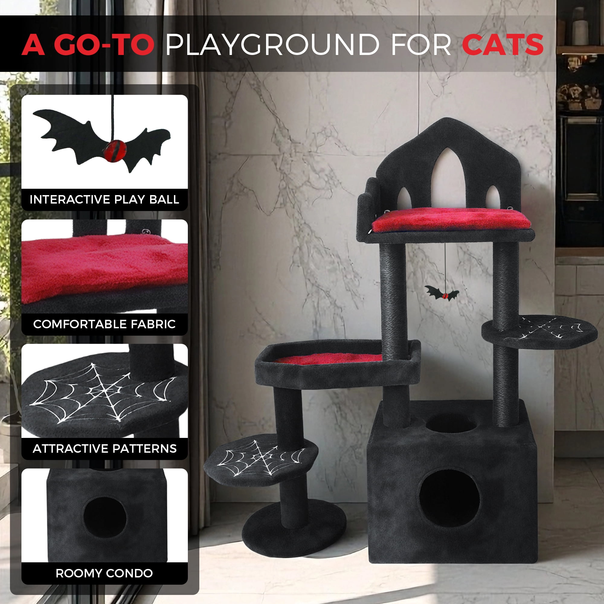 Gothic Cat Tree, Coffin-Shaped Platform, Soft Cushion, Scratching Posts, Halloween Home Decor