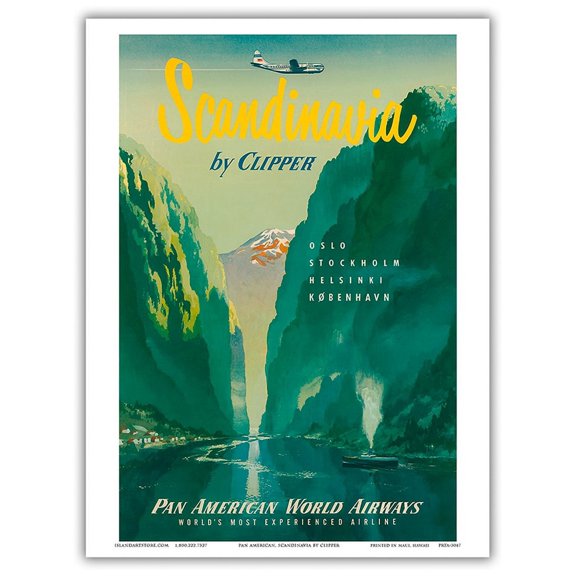 Scandinavia by Clipper - Copenhagen - Norwegian Fjords - Vintage Airline Travel Poster c.1951 - Master Art Print (Unframed) 9in x 12in