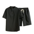 thumbnail image 1 of Two Piece Pants Sets Mens Two Piece Solid Cotton Linen Short Sleeve V Neck Tops and Shorts Set, 1 of 10