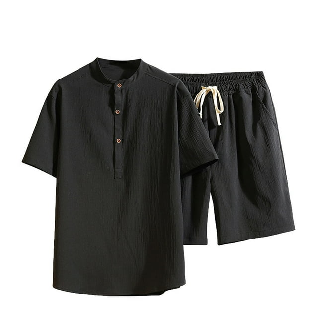 Two Piece Pants Sets Mens Two Piece Solid Cotton Linen Short Sleeve V Neck Tops and Shorts Set