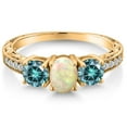 thumbnail image 3 of Gem Stone King 18K Yellow Gold Plated Silver 3-Stone Ring Oval/Cabochon White Ethiopian Opal and Vivid Blue Moissanite (1.63 Cttw, Size 8), 3 of 6