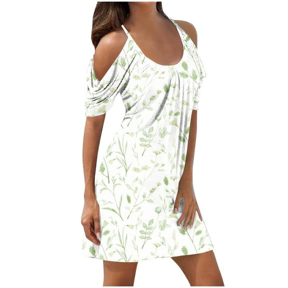 Njoeus Summer Dresses for Women Cold Shoulder Tank Mini Dress T Shirt Dress Casual Flowy Boho Floral Beach Sundress S-3XL